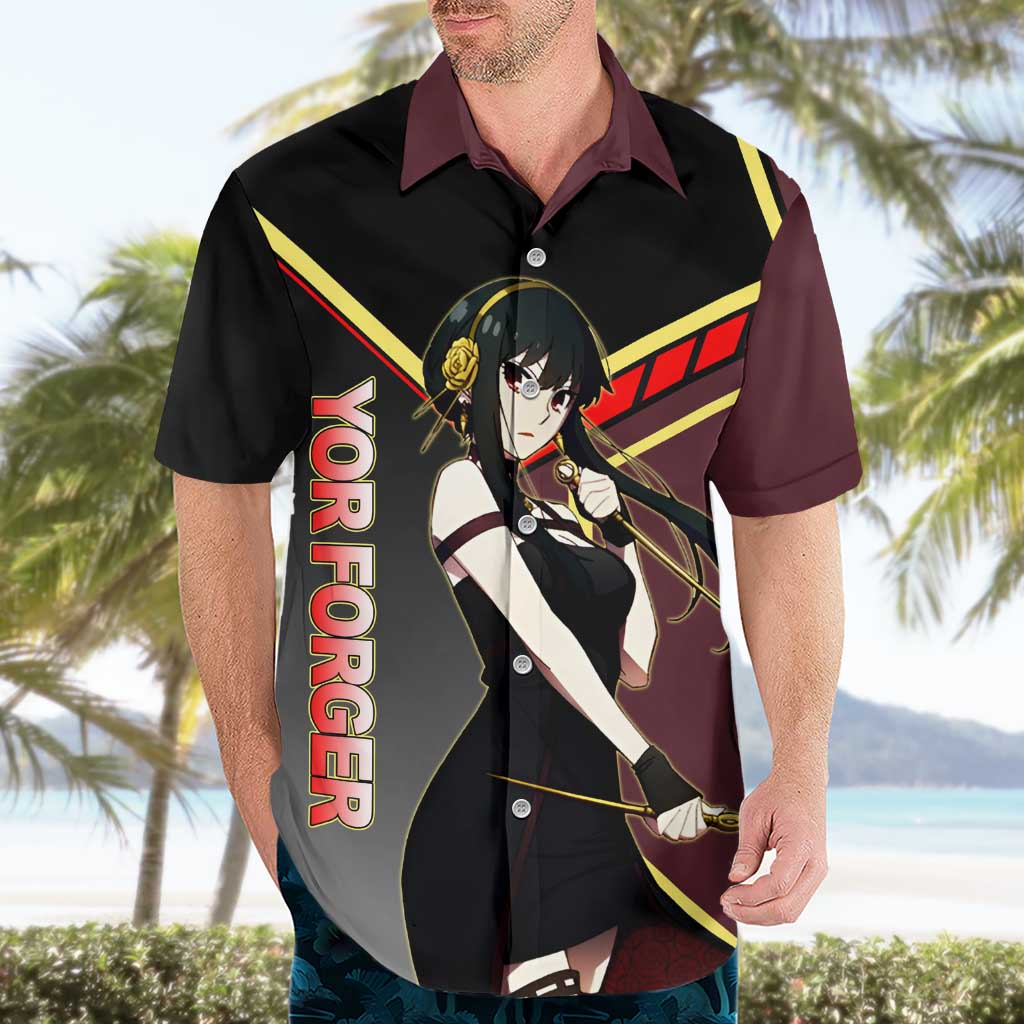 Yor Forger Spy x Family Red and Black Assassin Theme Hawaiian Shirt with Elegant Weapon Pose and Bold Color Accents - The Mazicc