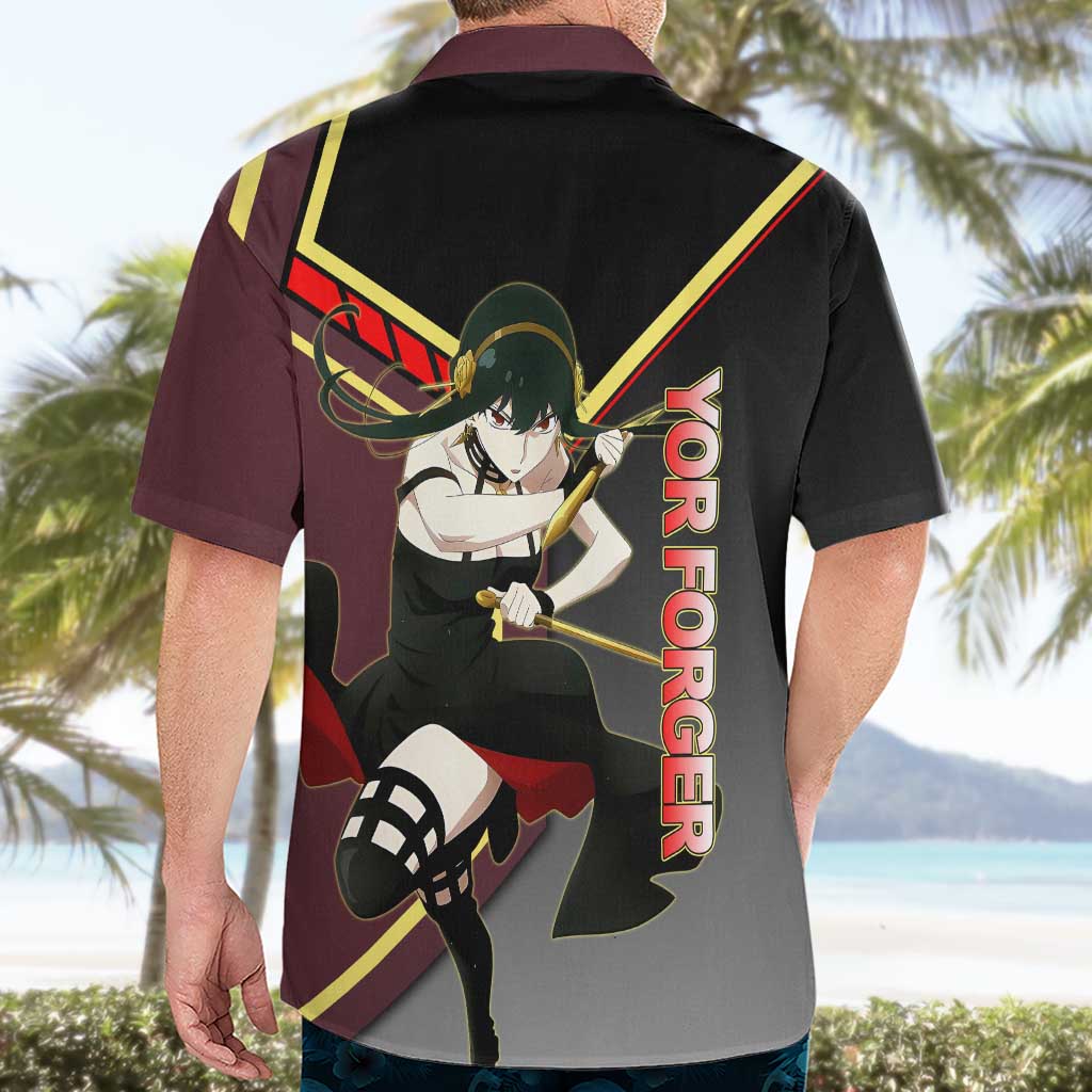 Yor Forger Spy x Family Red and Black Assassin Theme Hawaiian Shirt with Elegant Weapon Pose and Bold Color Accents - The Mazicc