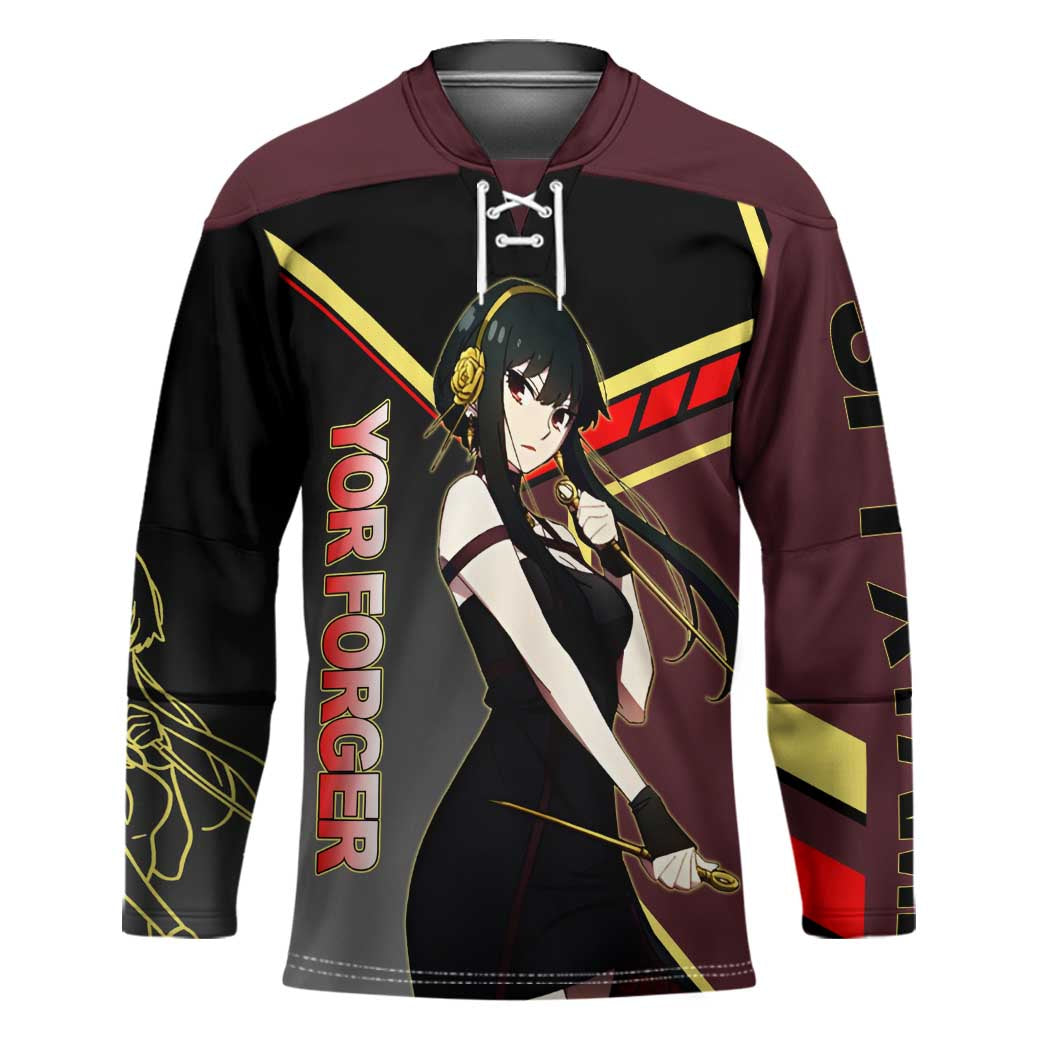 Yor Forger Spy x Family Red and Black Assassin Theme Hockey Jersey with Elegant Weapon Pose and Bold Color Accents - The Mazicc