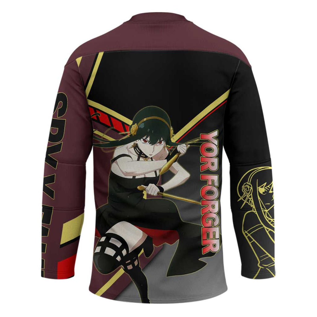 Yor Forger Spy x Family Red and Black Assassin Theme Hockey Jersey with Elegant Weapon Pose and Bold Color Accents - The Mazicc