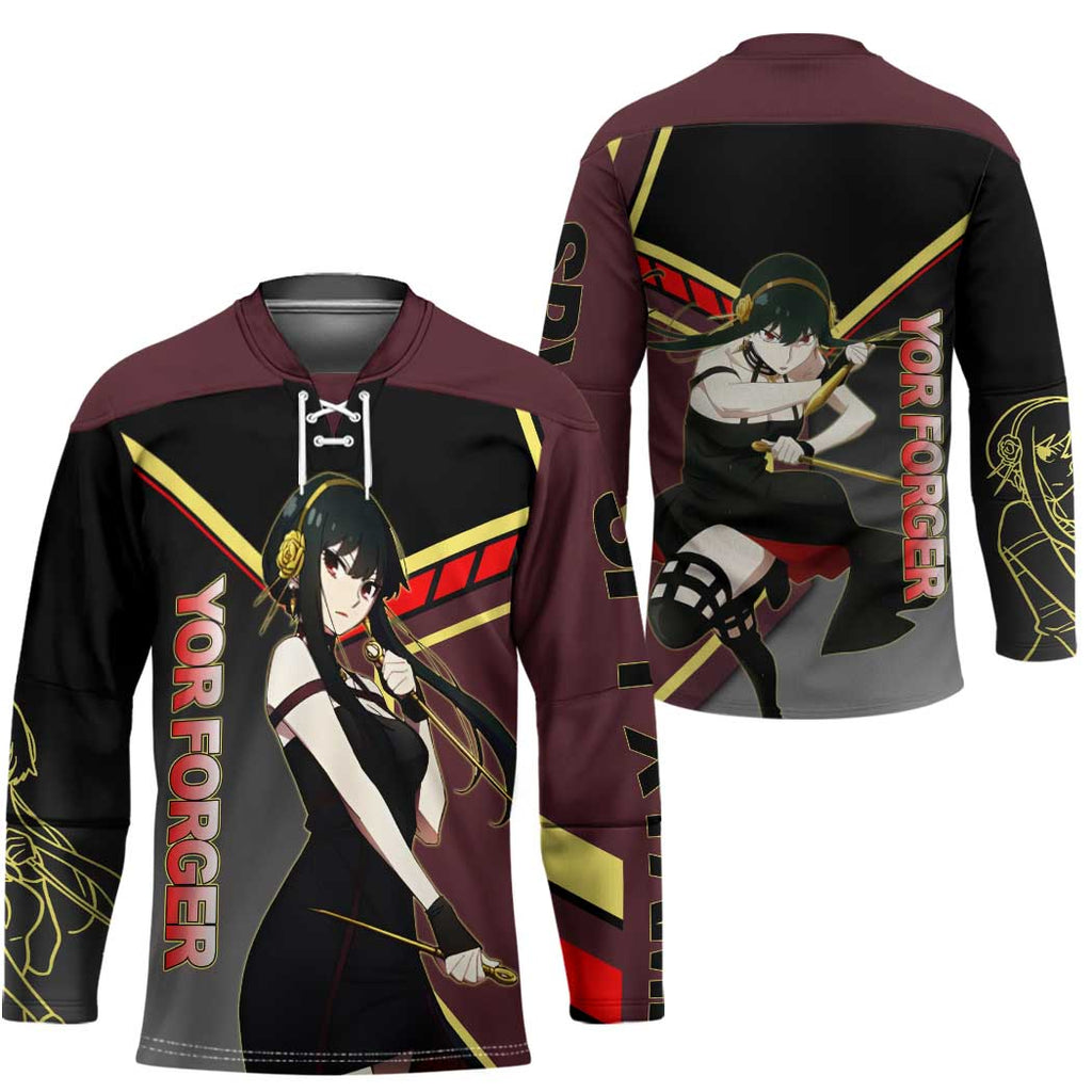 Yor Forger Spy x Family Red and Black Assassin Theme Hockey Jersey with Elegant Weapon Pose and Bold Color Accents - The Mazicc