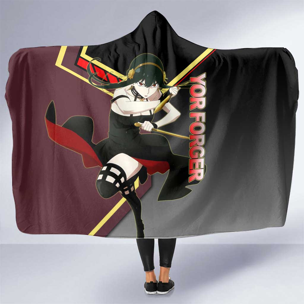 Yor Forger Spy x Family Red and Black Assassin Theme Hooded Blanket with Elegant Weapon Pose and Bold Color Accents - The Mazicc