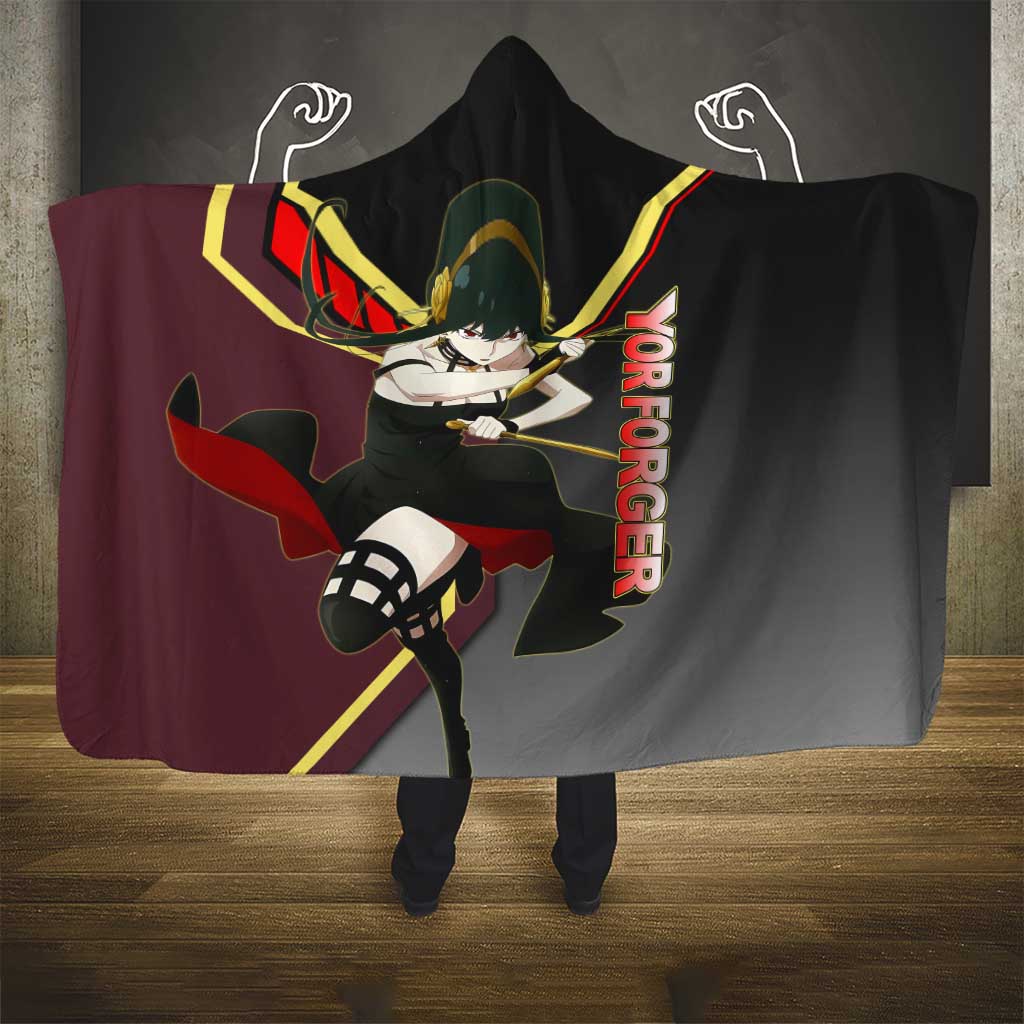 Yor Forger Spy x Family Red and Black Assassin Theme Hooded Blanket with Elegant Weapon Pose and Bold Color Accents - The Mazicc