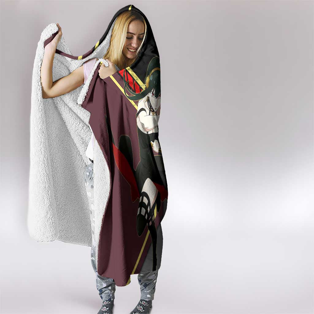 Yor Forger Spy x Family Red and Black Assassin Theme Hooded Blanket with Elegant Weapon Pose and Bold Color Accents - The Mazicc