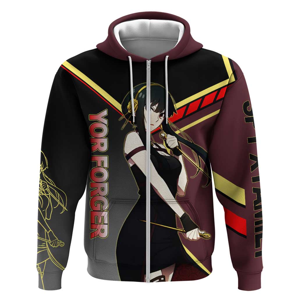 Yor Forger Spy x Family Red and Black Assassin Theme Hoodie with Elegant Weapon Pose and Bold Color Accents - The Mazicc