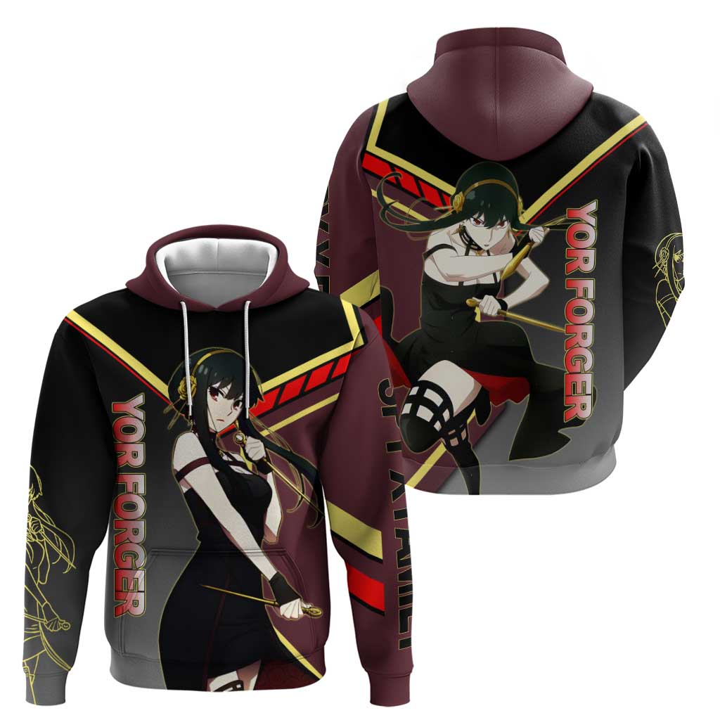 Yor Forger Spy x Family Red and Black Assassin Theme Hoodie with Elegant Weapon Pose and Bold Color Accents - The Mazicc