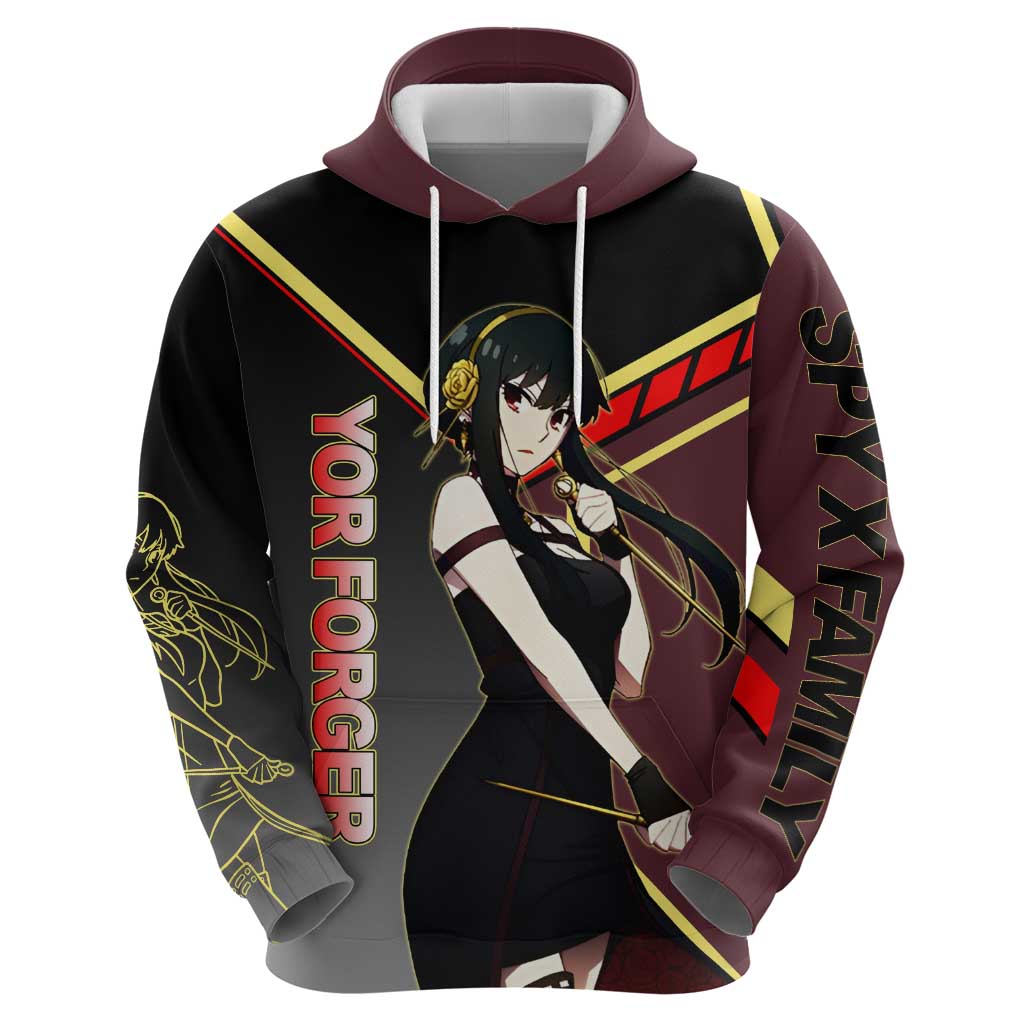 Yor Forger Spy x Family Red and Black Assassin Theme Hoodie with Elegant Weapon Pose and Bold Color Accents - The Mazicc