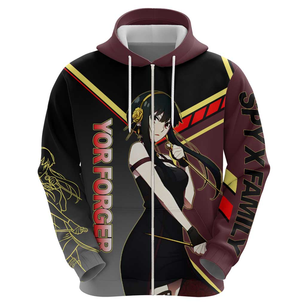 Yor Forger Spy x Family Red and Black Assassin Theme Hoodie with Elegant Weapon Pose and Bold Color Accents - The Mazicc