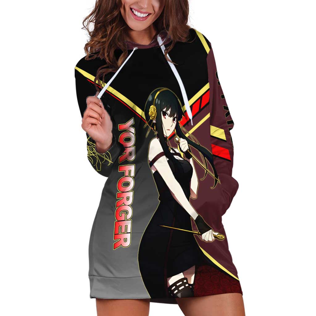 Yor Forger Spy x Family Red and Black Assassin Theme Hoodie Dress with Elegant Weapon Pose and Bold Color Accents - The Mazicc