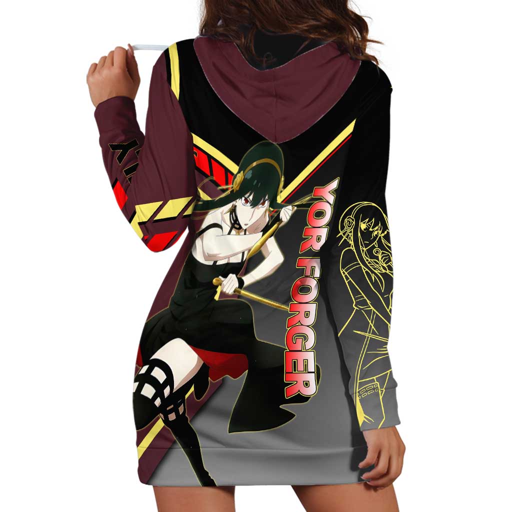 Yor Forger Spy x Family Red and Black Assassin Theme Hoodie Dress with Elegant Weapon Pose and Bold Color Accents - The Mazicc