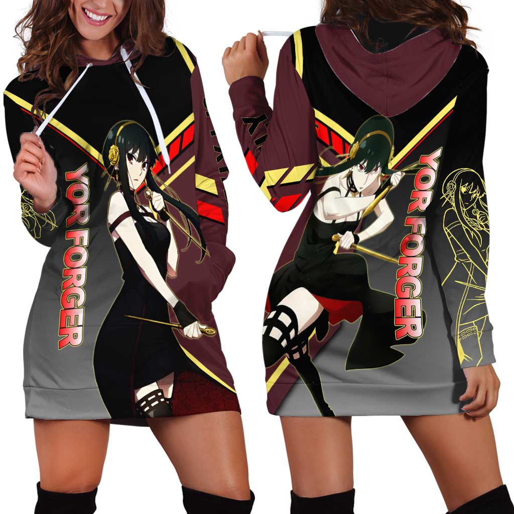 Yor Forger Spy x Family Red and Black Assassin Theme Hoodie Dress with Elegant Weapon Pose and Bold Color Accents - The Mazicc