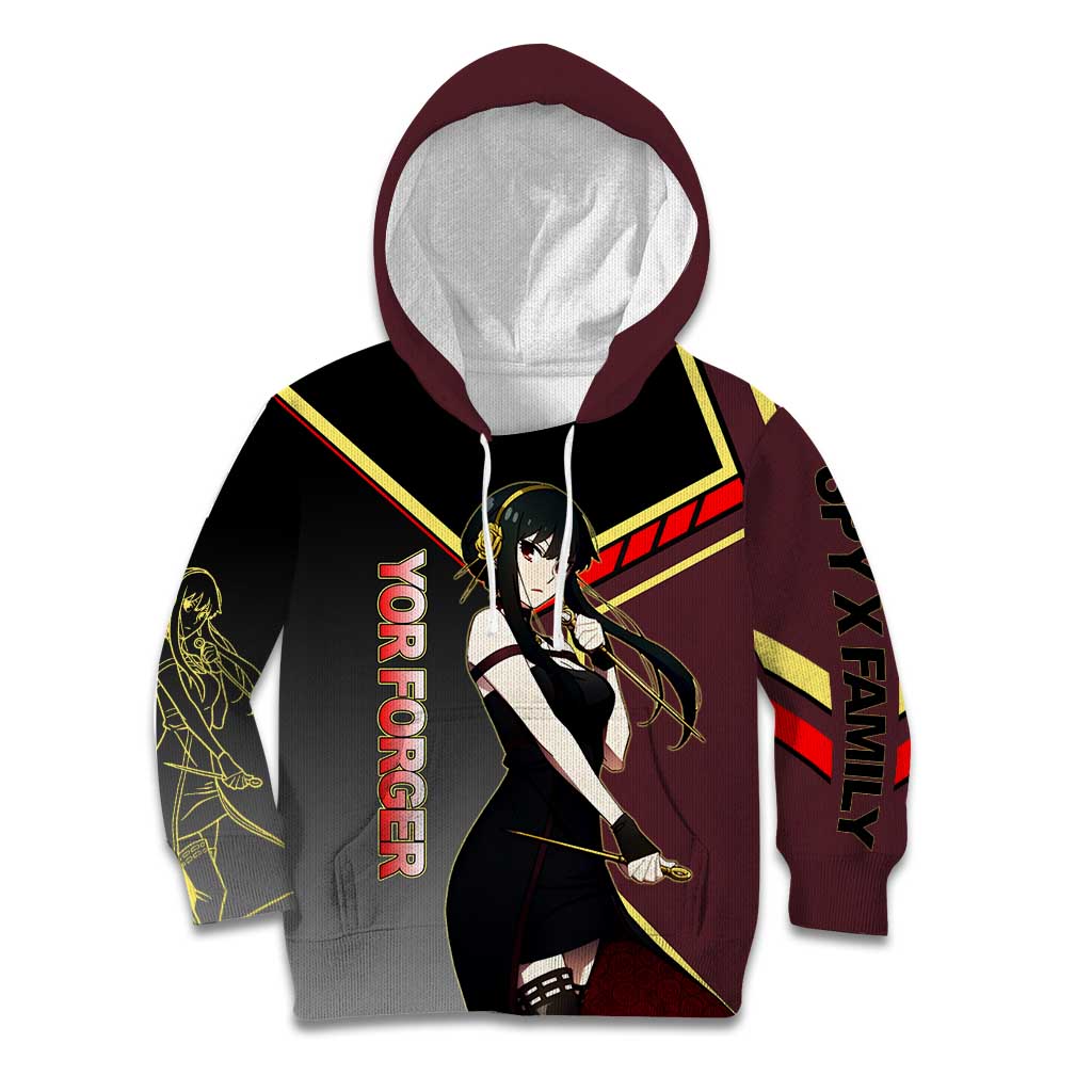 Yor Forger Spy x Family Red and Black Assassin Theme Kid Hoodie with Elegant Weapon Pose and Bold Color Accents - The Mazicc