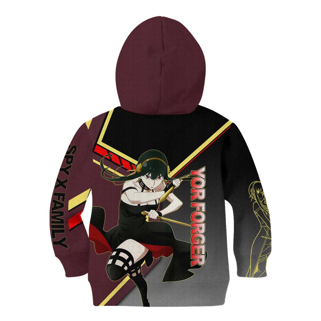Yor Forger Spy x Family Red and Black Assassin Theme Kid Hoodie with Elegant Weapon Pose and Bold Color Accents - The Mazicc