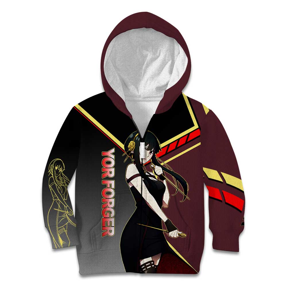 Yor Forger Spy x Family Red and Black Assassin Theme Kid Hoodie with Elegant Weapon Pose and Bold Color Accents - The Mazicc