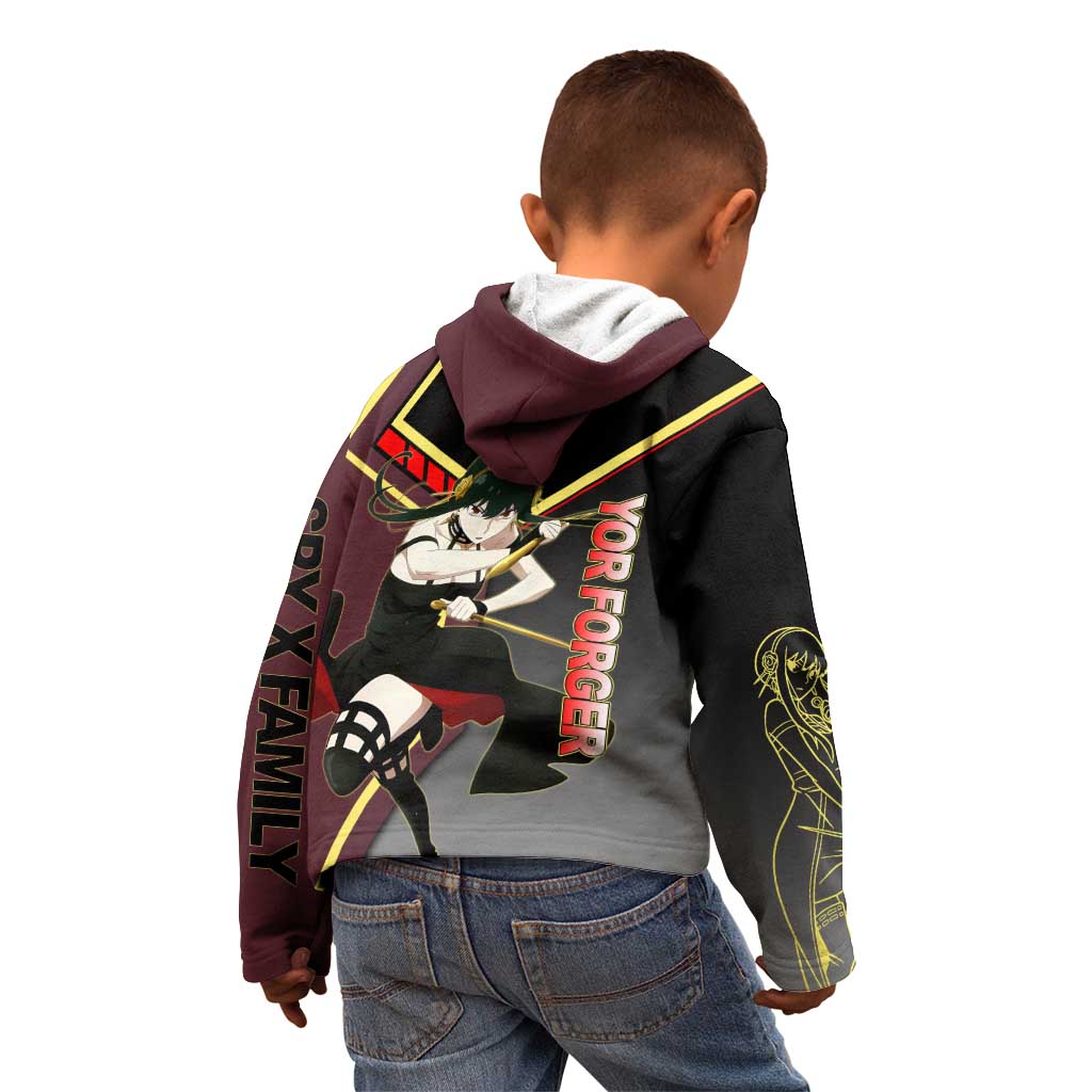 Yor Forger Spy x Family Red and Black Assassin Theme Kid Hoodie with Elegant Weapon Pose and Bold Color Accents - The Mazicc