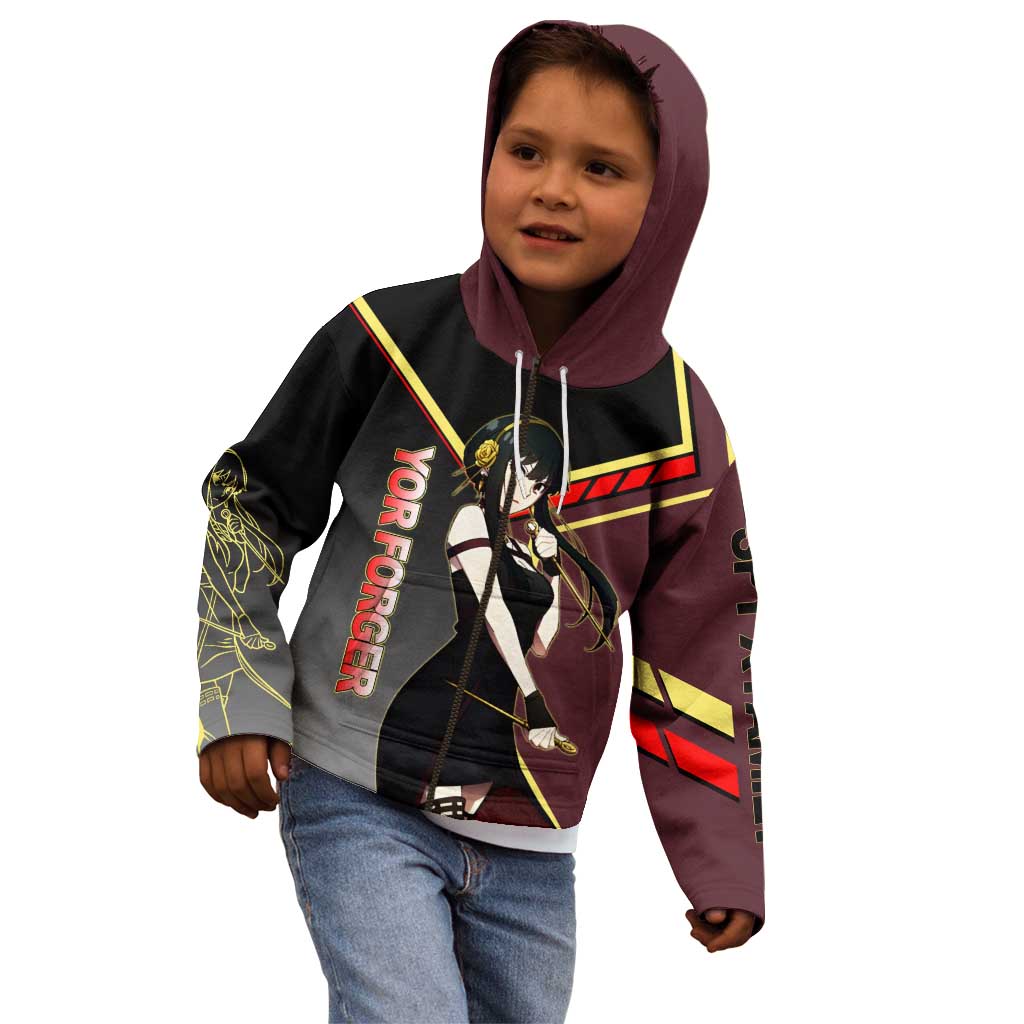 Yor Forger Spy x Family Red and Black Assassin Theme Kid Hoodie with Elegant Weapon Pose and Bold Color Accents - The Mazicc