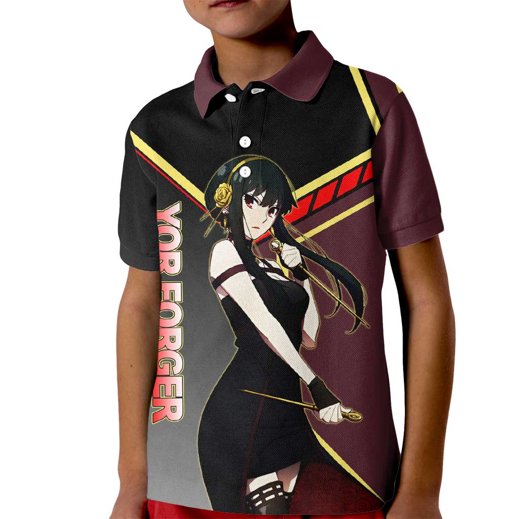 Yor Forger Spy x Family Red and Black Assassin Theme Kid Polo Shirt with Elegant Weapon Pose and Bold Color Accents - The Mazicc