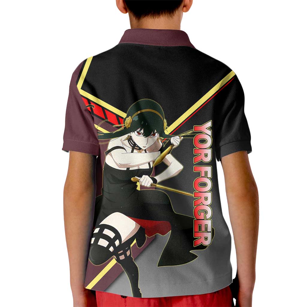 Yor Forger Spy x Family Red and Black Assassin Theme Kid Polo Shirt with Elegant Weapon Pose and Bold Color Accents - The Mazicc