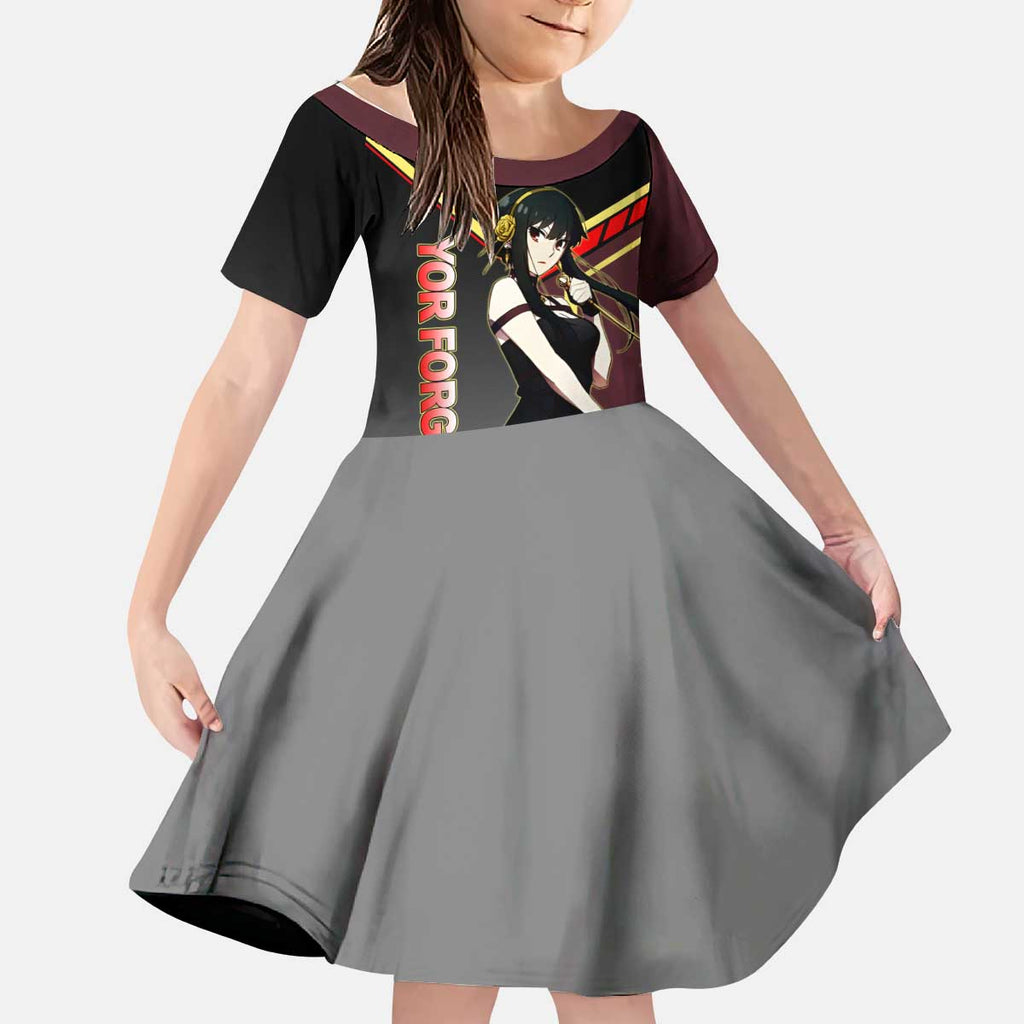 Yor Forger Spy x Family Red and Black Assassin Theme Kid Short Sleeve Dress with Elegant Weapon Pose and Bold Color Accents - The Mazicc