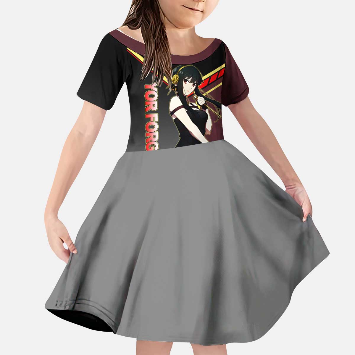 Yor Forger Spy x Family Red and Black Assassin Theme Kid Short Sleeve Dress with Elegant Weapon Pose and Bold Color Accents - The Mazicc