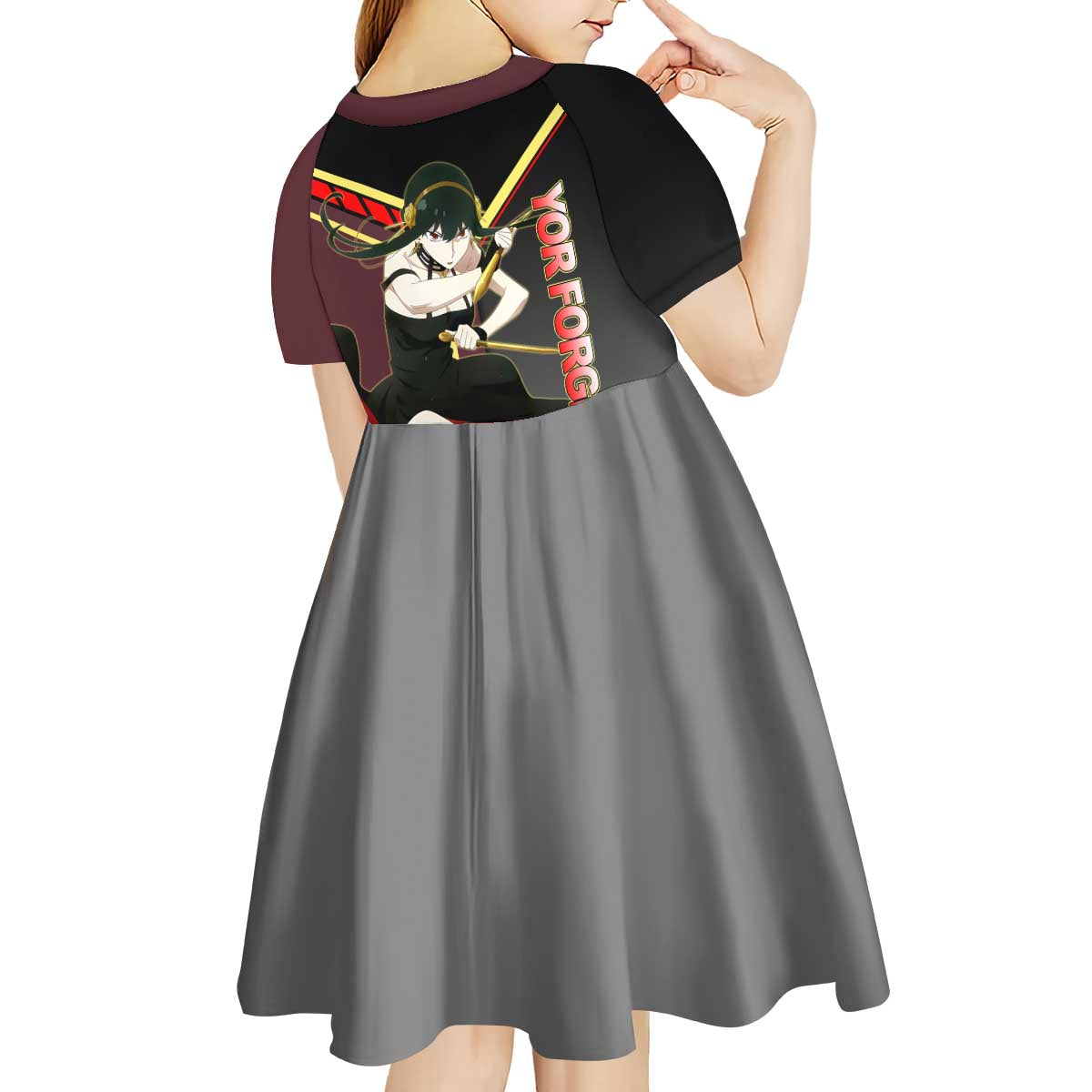Yor Forger Spy x Family Red and Black Assassin Theme Kid Short Sleeve Dress with Elegant Weapon Pose and Bold Color Accents - The Mazicc