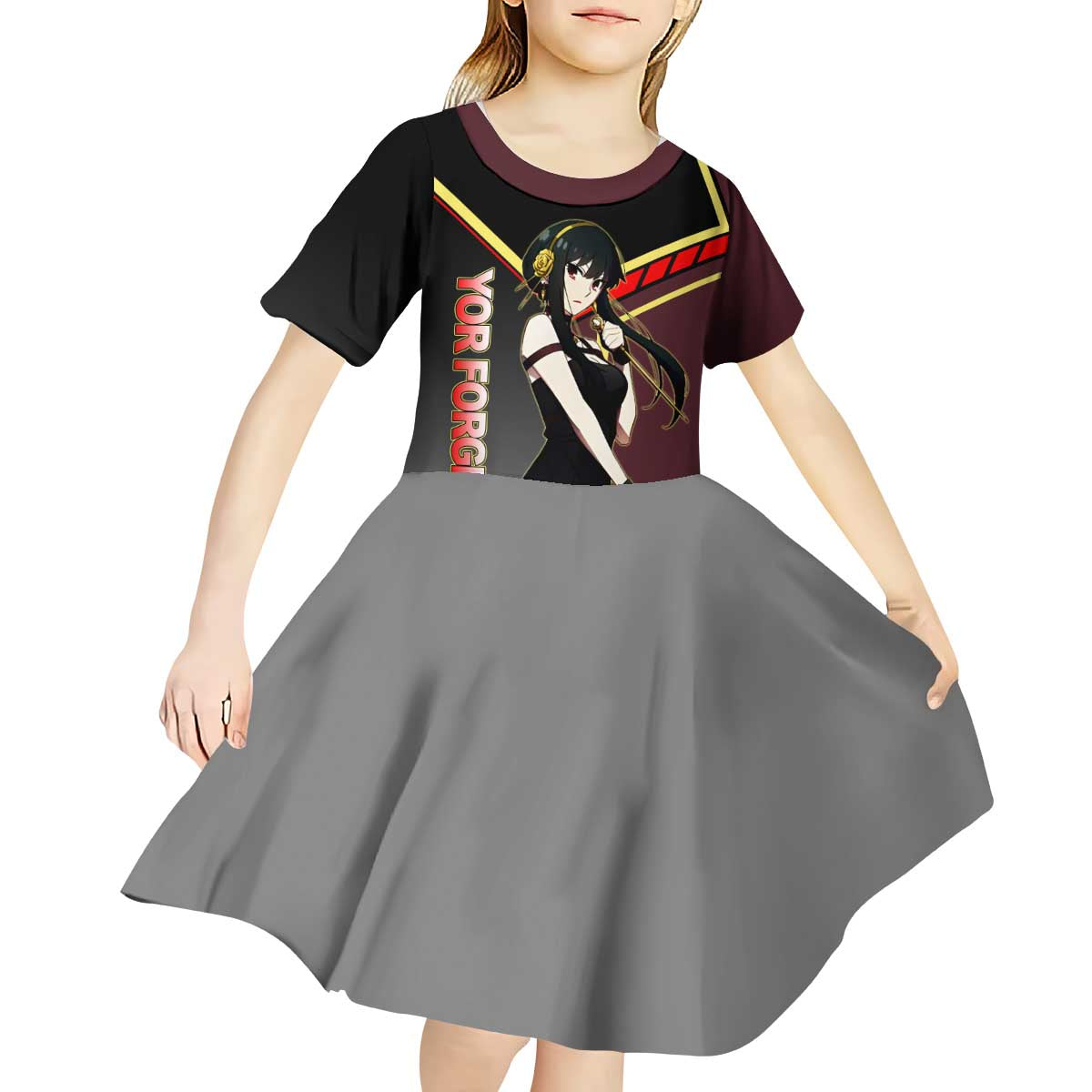 Yor Forger Spy x Family Red and Black Assassin Theme Kid Short Sleeve Dress with Elegant Weapon Pose and Bold Color Accents - The Mazicc