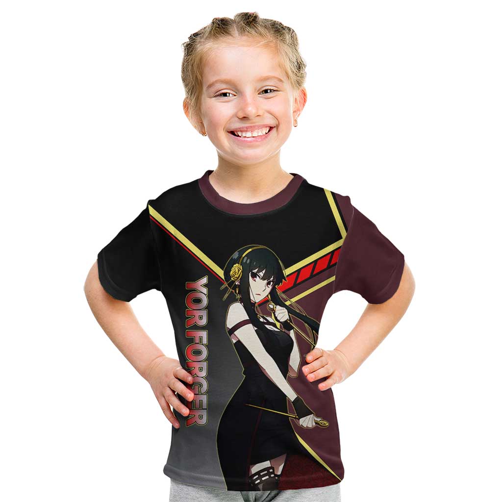 Yor Forger Spy x Family Red and Black Assassin Theme Kid T Shirt with Elegant Weapon Pose and Bold Color Accents - The Mazicc