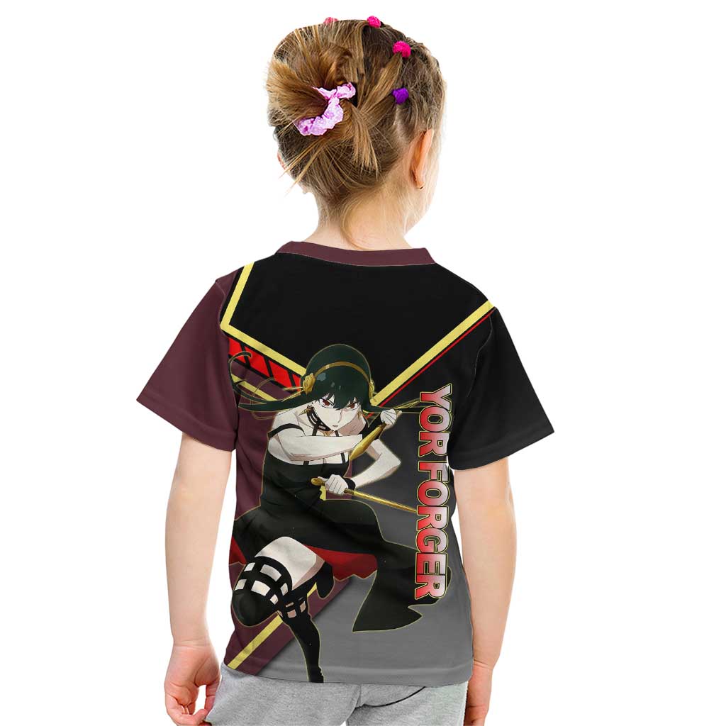 Yor Forger Spy x Family Red and Black Assassin Theme Kid T Shirt with Elegant Weapon Pose and Bold Color Accents - The Mazicc