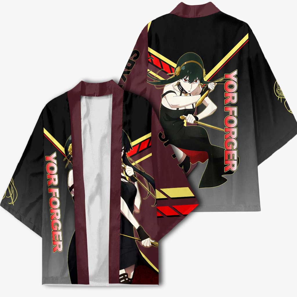 Yor Forger Spy x Family Red and Black Assassin Theme Kimono with Elegant Weapon Pose and Bold Color Accents - The Mazicc