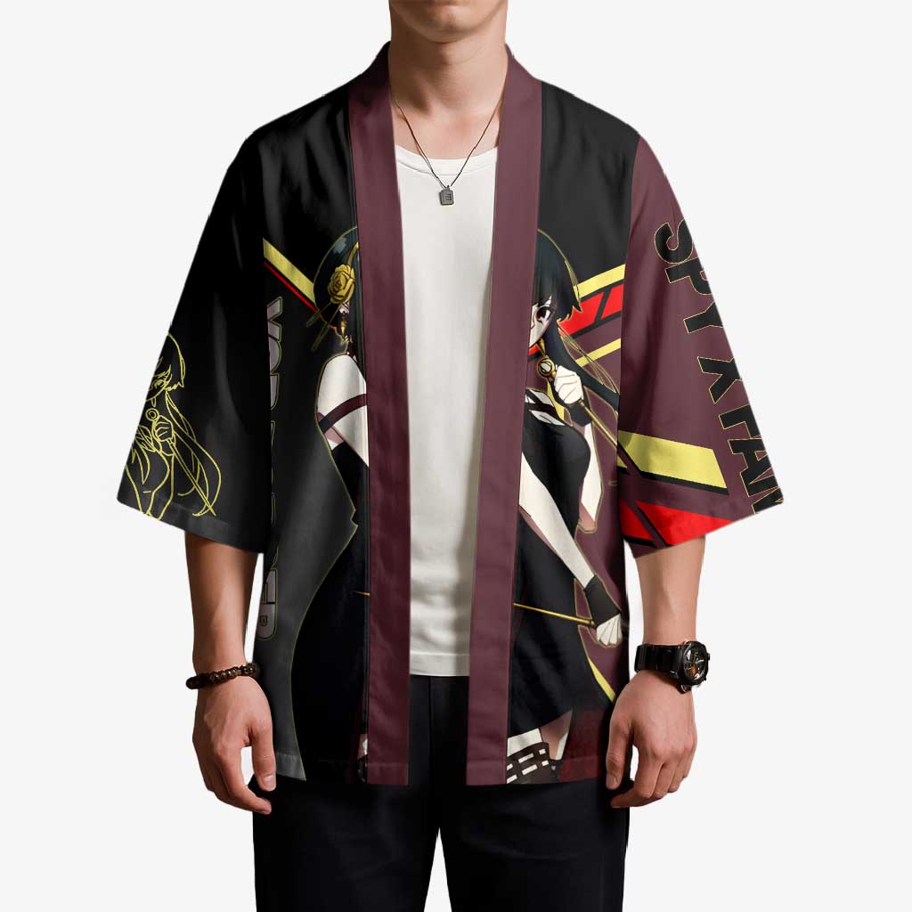 Yor Forger Spy x Family Red and Black Assassin Theme Kimono with Elegant Weapon Pose and Bold Color Accents - The Mazicc