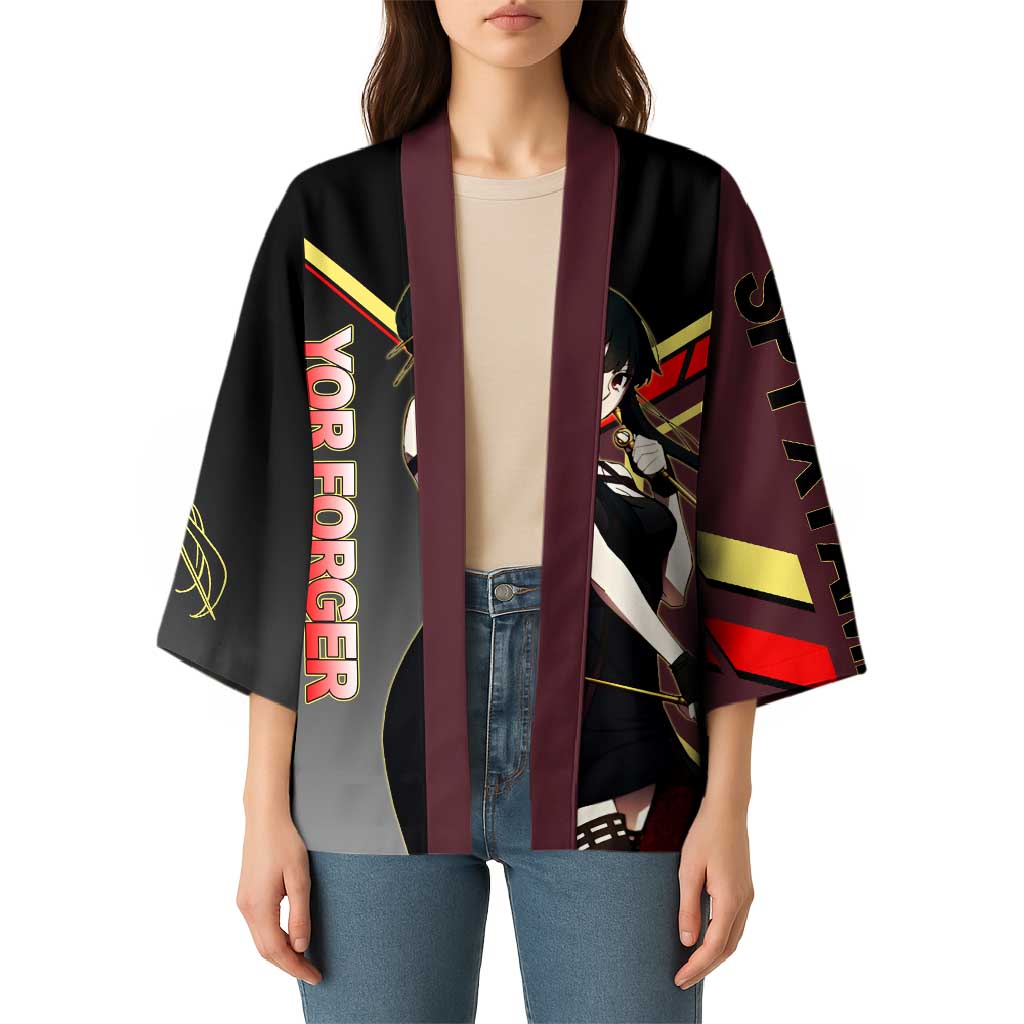 Yor Forger Spy x Family Red and Black Assassin Theme Kimono with Elegant Weapon Pose and Bold Color Accents - The Mazicc