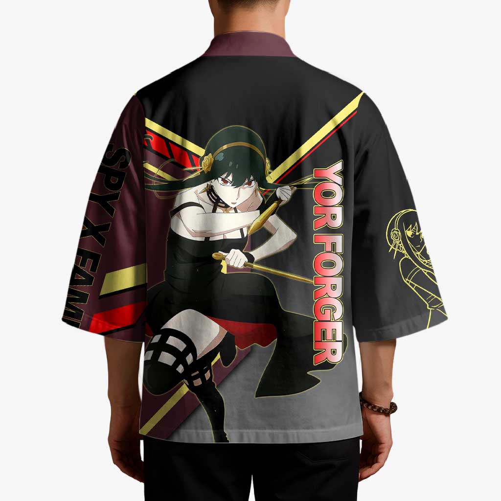 Yor Forger Spy x Family Red and Black Assassin Theme Kimono with Elegant Weapon Pose and Bold Color Accents - The Mazicc