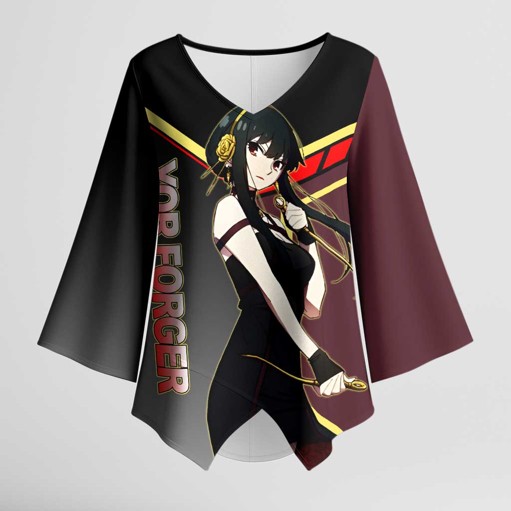 Yor Forger Spy x Family Red and Black Assassin Theme Kimono Sleeve Blouse with Elegant Weapon Pose and Bold Color Accents - The Mazicc