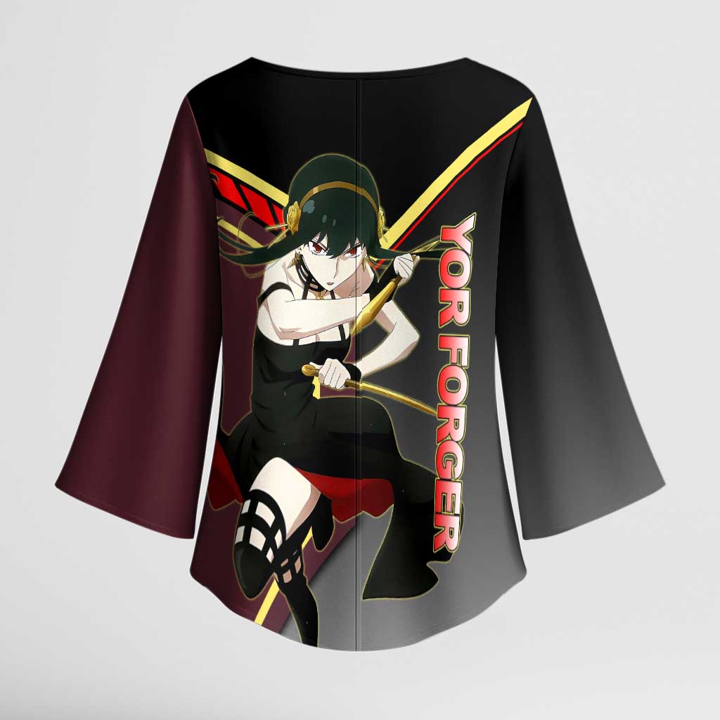 Yor Forger Spy x Family Red and Black Assassin Theme Kimono Sleeve Blouse with Elegant Weapon Pose and Bold Color Accents - The Mazicc