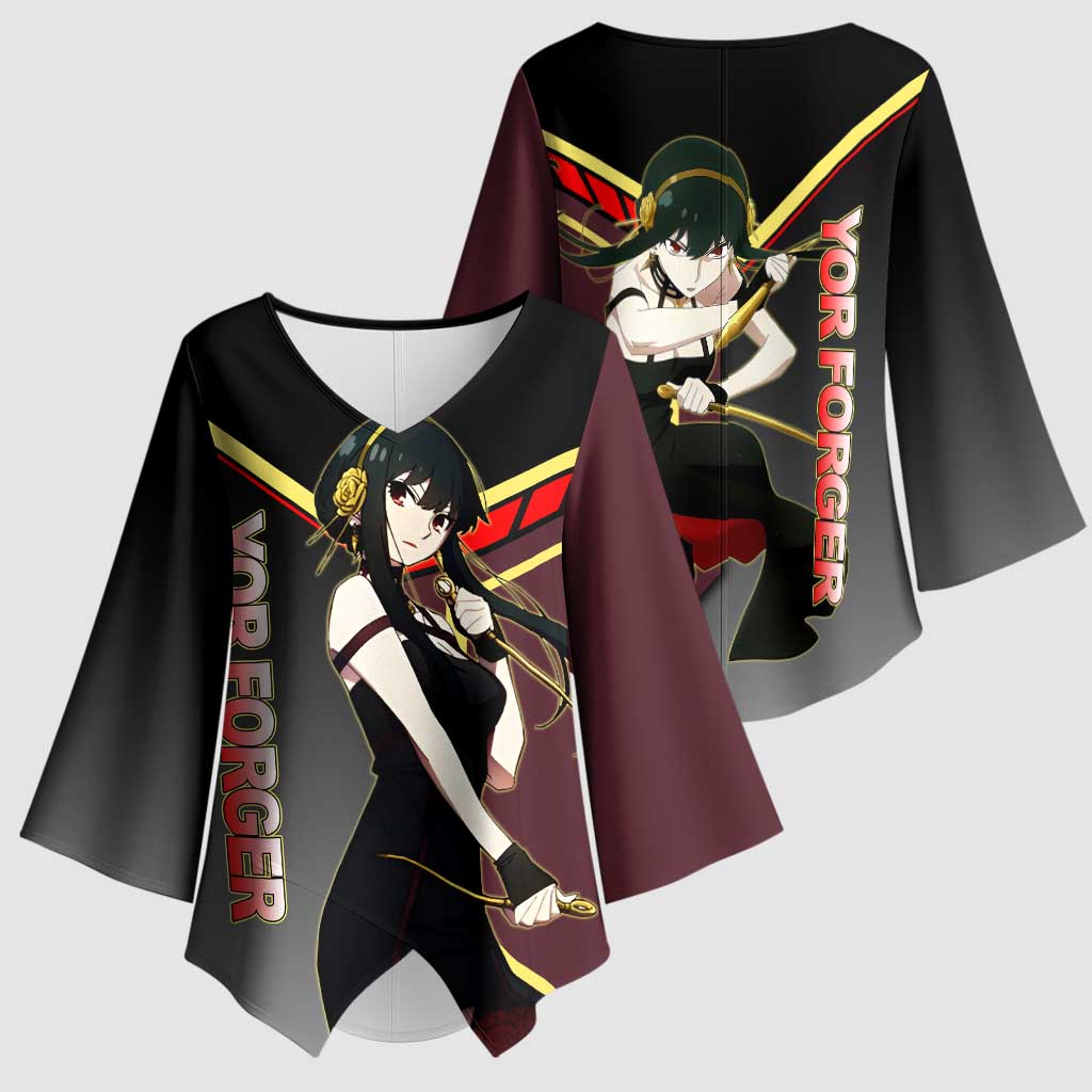 Yor Forger Spy x Family Red and Black Assassin Theme Kimono Sleeve Blouse with Elegant Weapon Pose and Bold Color Accents - The Mazicc