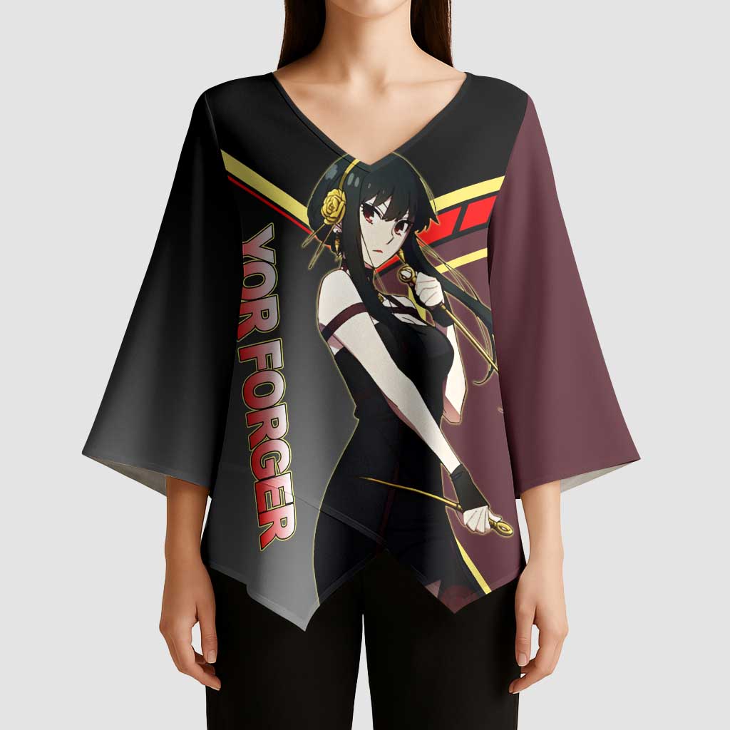 Yor Forger Spy x Family Red and Black Assassin Theme Kimono Sleeve Blouse with Elegant Weapon Pose and Bold Color Accents - The Mazicc