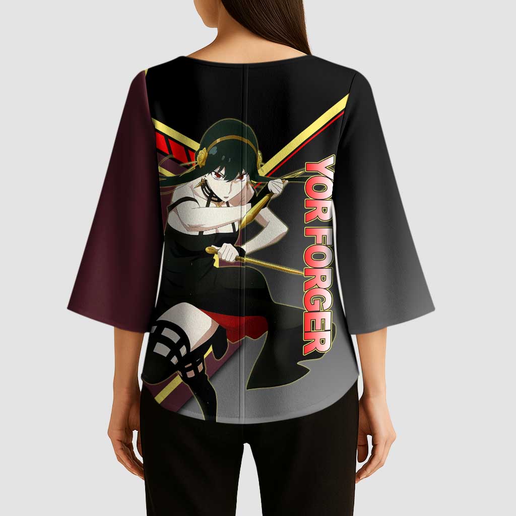 Yor Forger Spy x Family Red and Black Assassin Theme Kimono Sleeve Blouse with Elegant Weapon Pose and Bold Color Accents - The Mazicc