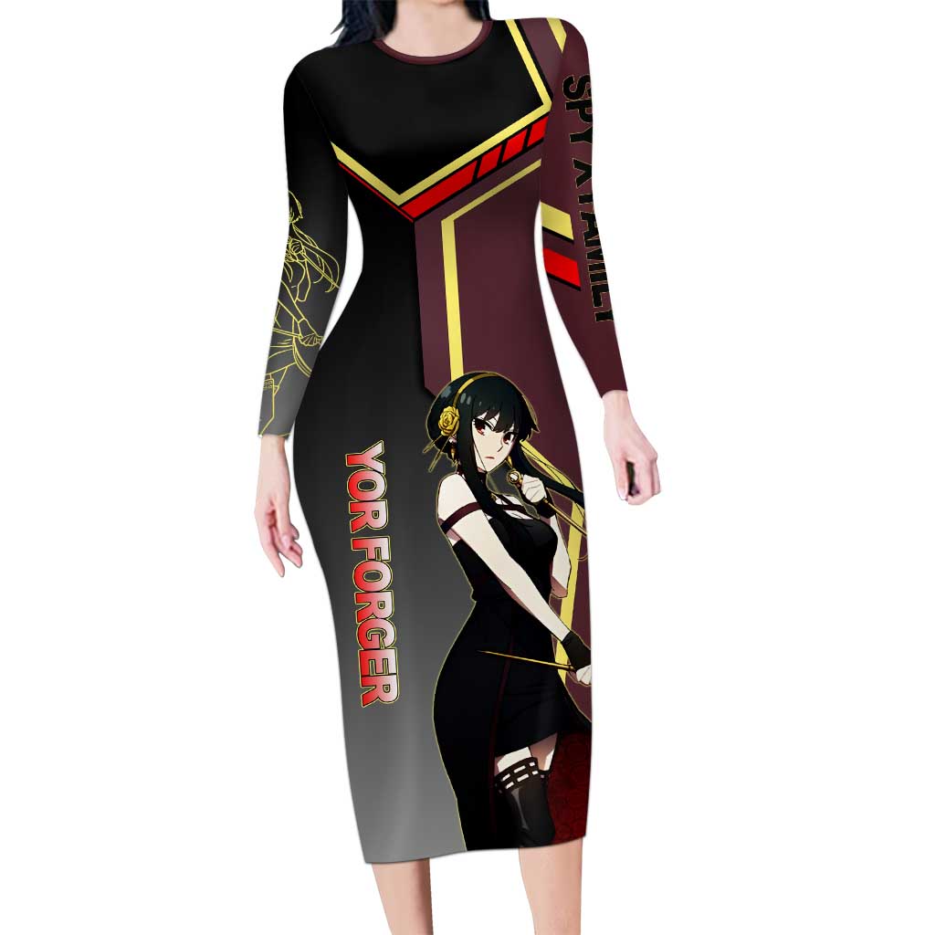 Yor Forger Spy x Family Red and Black Assassin Theme Long Sleeve Bodycon Dress with Elegant Weapon Pose and Bold Color Accents - The Mazicc