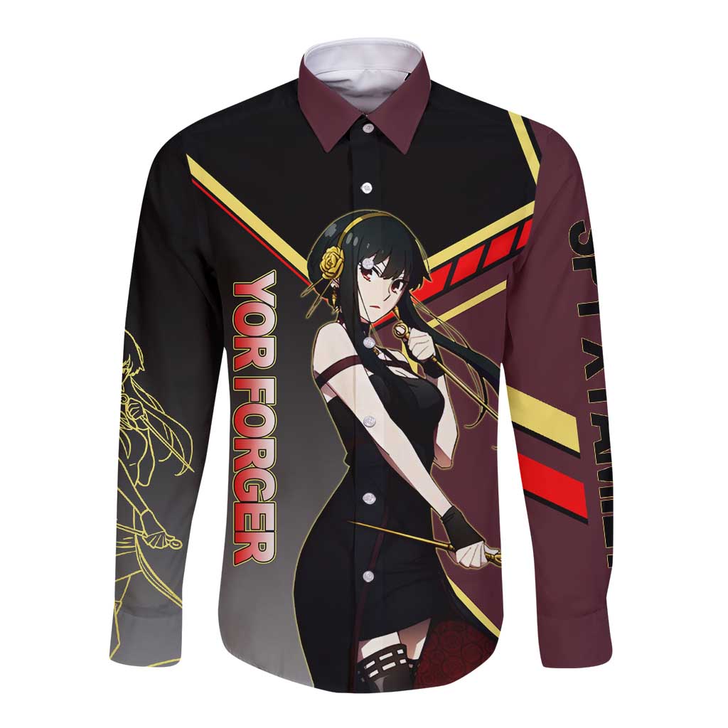 Yor Forger Spy x Family Red and Black Assassin Theme Long Sleeve Button Shirt with Elegant Weapon Pose and Bold Color Accents - The Mazicc