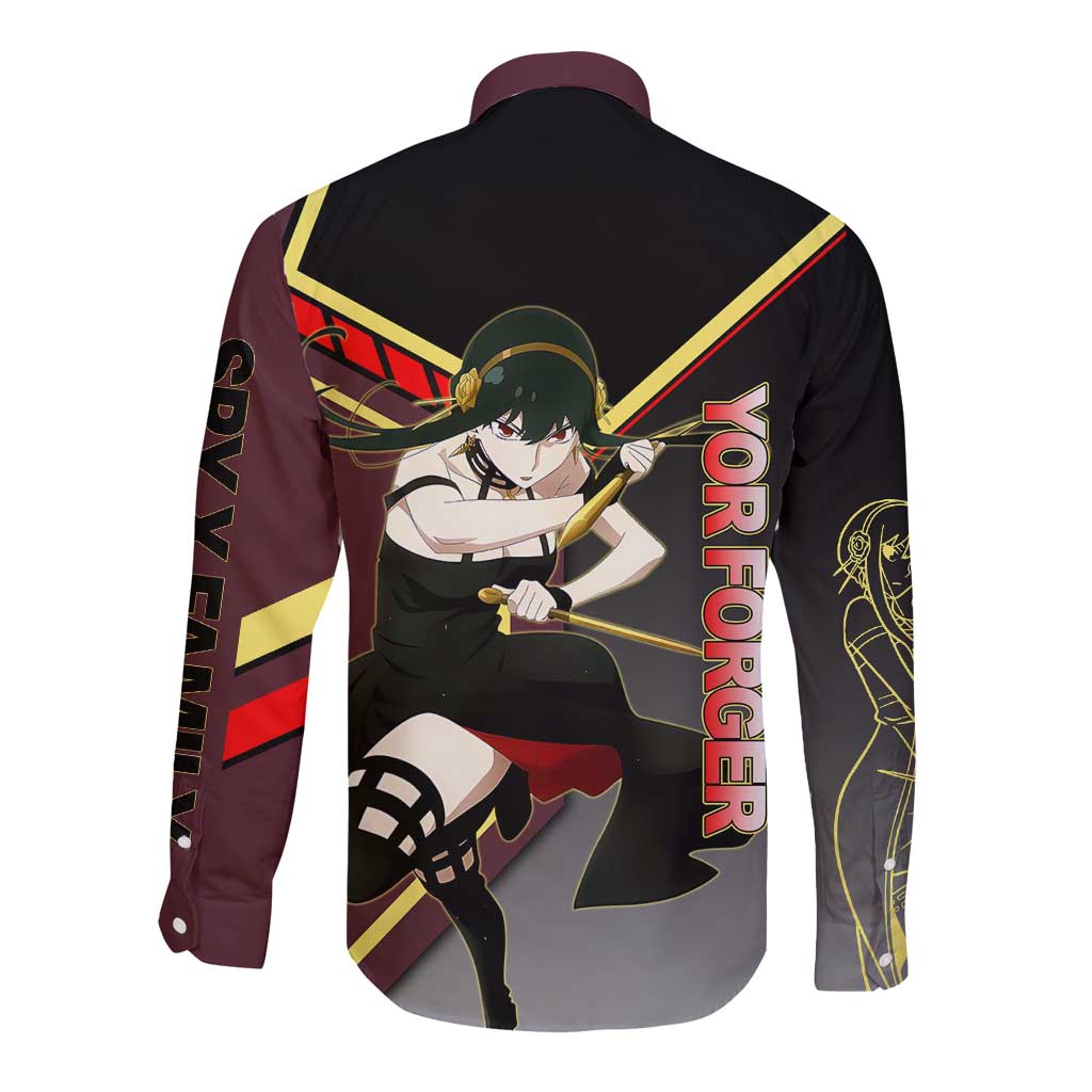 Yor Forger Spy x Family Red and Black Assassin Theme Long Sleeve Button Shirt with Elegant Weapon Pose and Bold Color Accents - The Mazicc