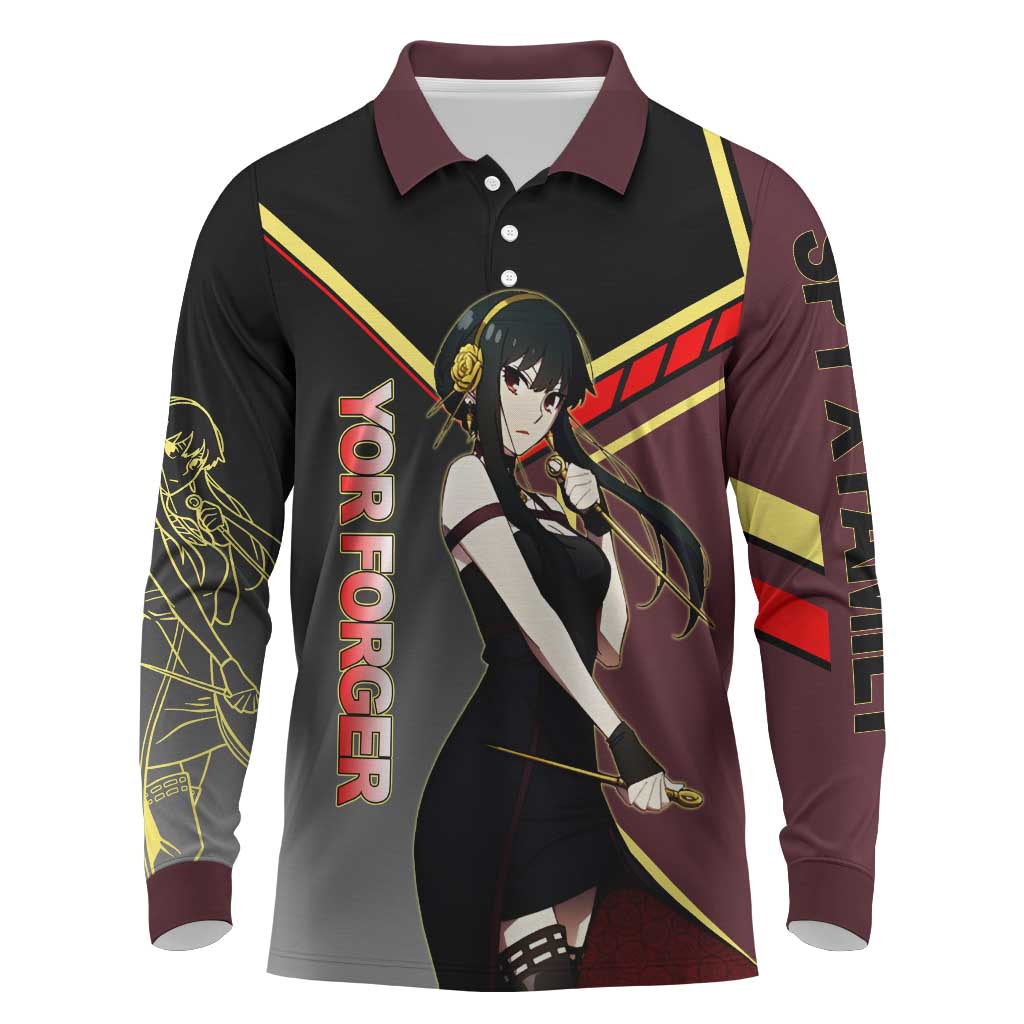 Yor Forger Spy x Family Red and Black Assassin Theme Long Sleeve Polo Shirt with Elegant Weapon Pose and Bold Color Accents - The Mazicc