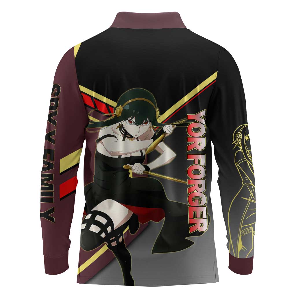 Yor Forger Spy x Family Red and Black Assassin Theme Long Sleeve Polo Shirt with Elegant Weapon Pose and Bold Color Accents - The Mazicc