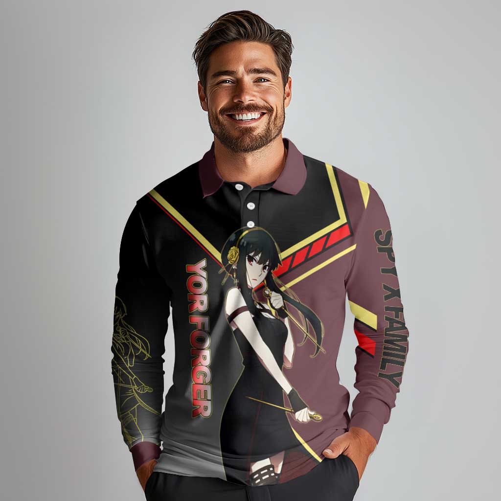 Yor Forger Spy x Family Red and Black Assassin Theme Long Sleeve Polo Shirt with Elegant Weapon Pose and Bold Color Accents - The Mazicc