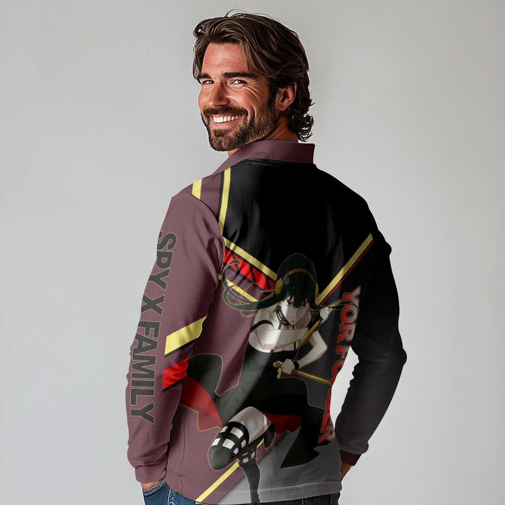 Yor Forger Spy x Family Red and Black Assassin Theme Long Sleeve Polo Shirt with Elegant Weapon Pose and Bold Color Accents - The Mazicc