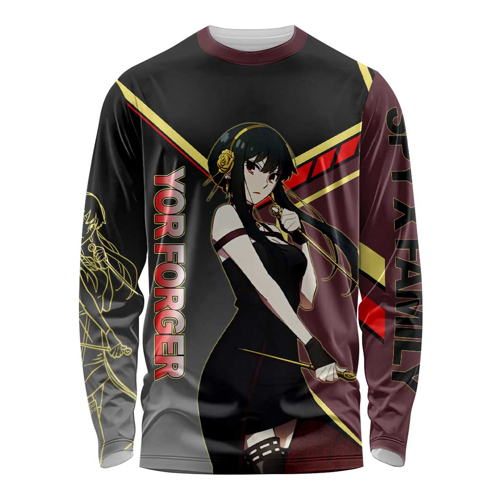 Yor Forger Spy x Family Red and Black Assassin Theme Long Sleeve Shirt with Elegant Weapon Pose and Bold Color Accents - The Mazicc