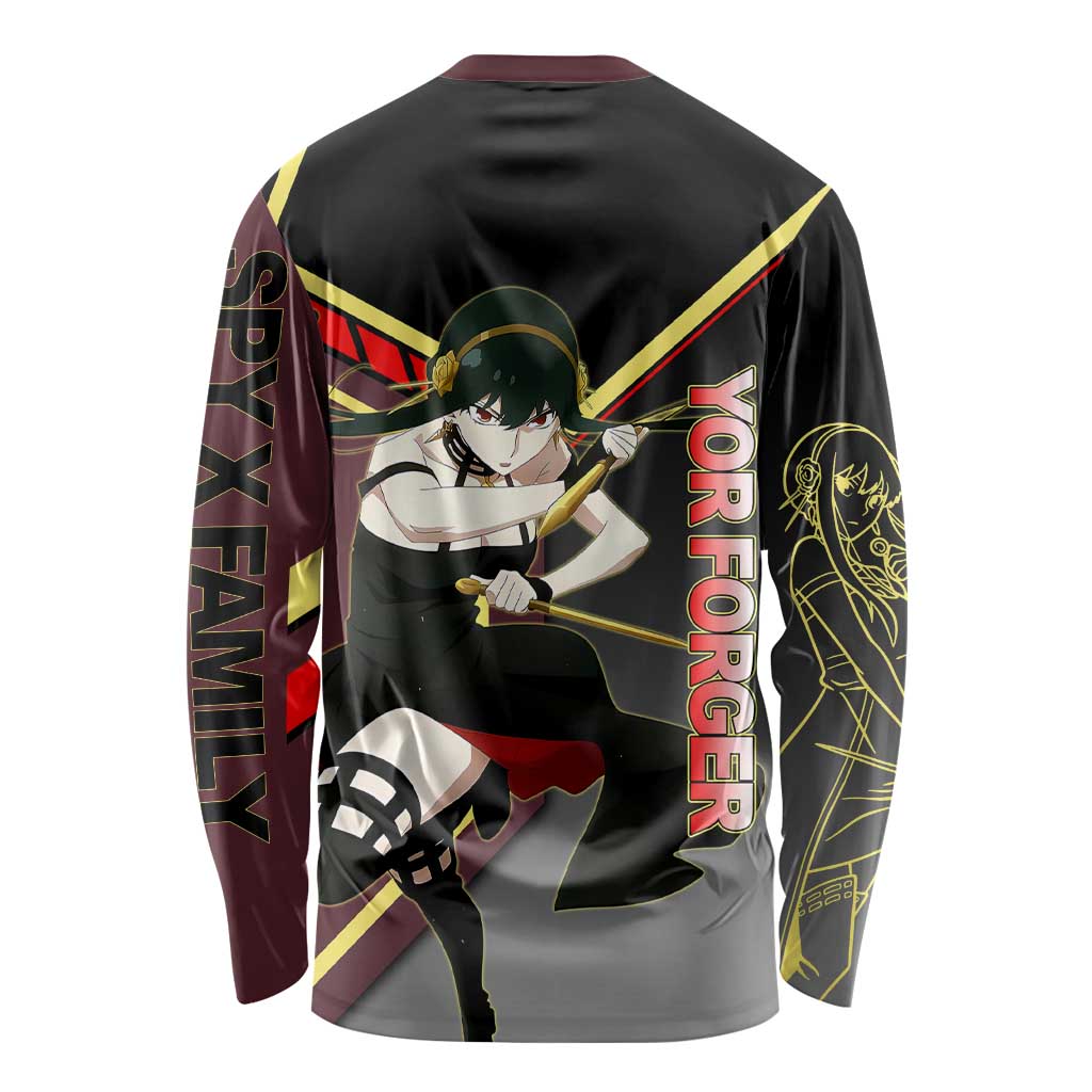 Yor Forger Spy x Family Red and Black Assassin Theme Long Sleeve Shirt with Elegant Weapon Pose and Bold Color Accents - The Mazicc