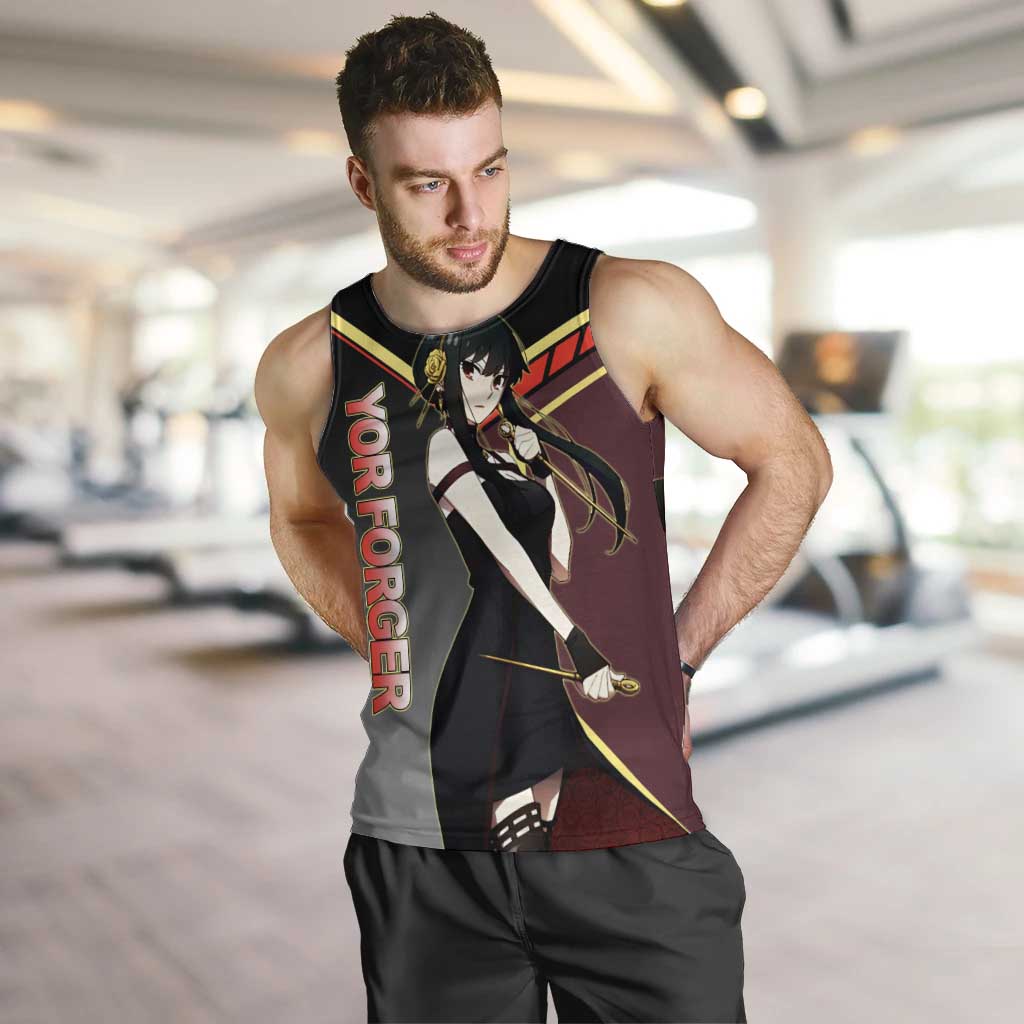 Yor Forger Spy x Family Red and Black Assassin Theme Men Tank Top with Elegant Weapon Pose and Bold Color Accents - The Mazicc