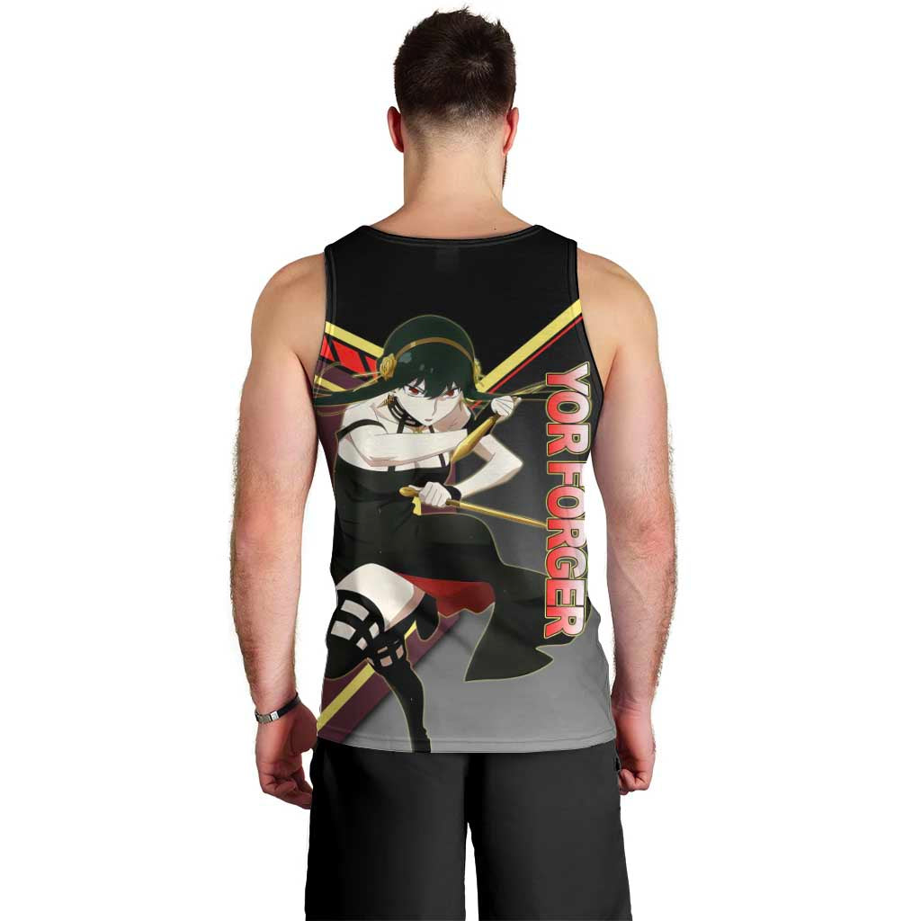 Yor Forger Spy x Family Red and Black Assassin Theme Men Tank Top with Elegant Weapon Pose and Bold Color Accents - The Mazicc