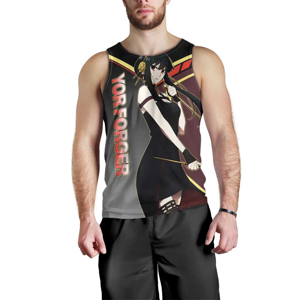 Yor Forger Spy x Family Red and Black Assassin Theme Men Tank Top with Elegant Weapon Pose and Bold Color Accents - The Mazicc