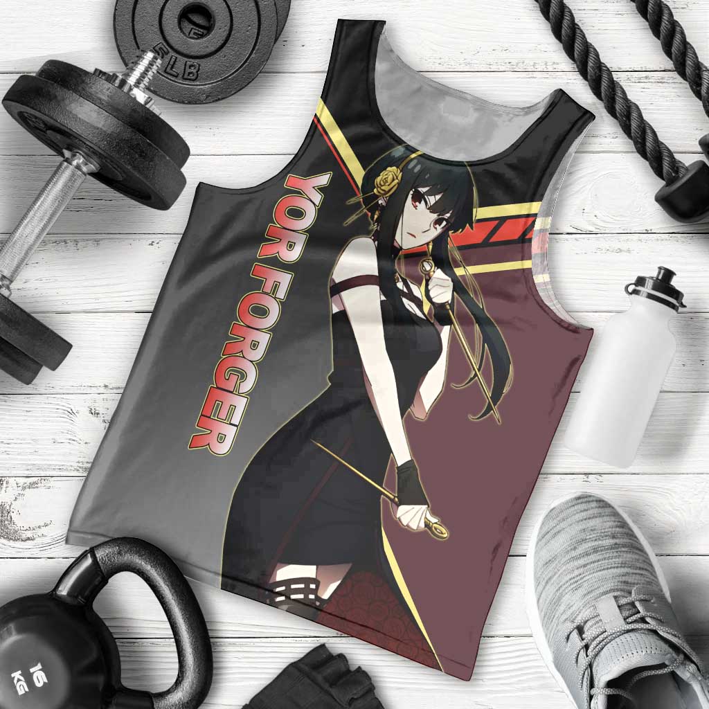 Yor Forger Spy x Family Red and Black Assassin Theme Men Tank Top with Elegant Weapon Pose and Bold Color Accents - The Mazicc